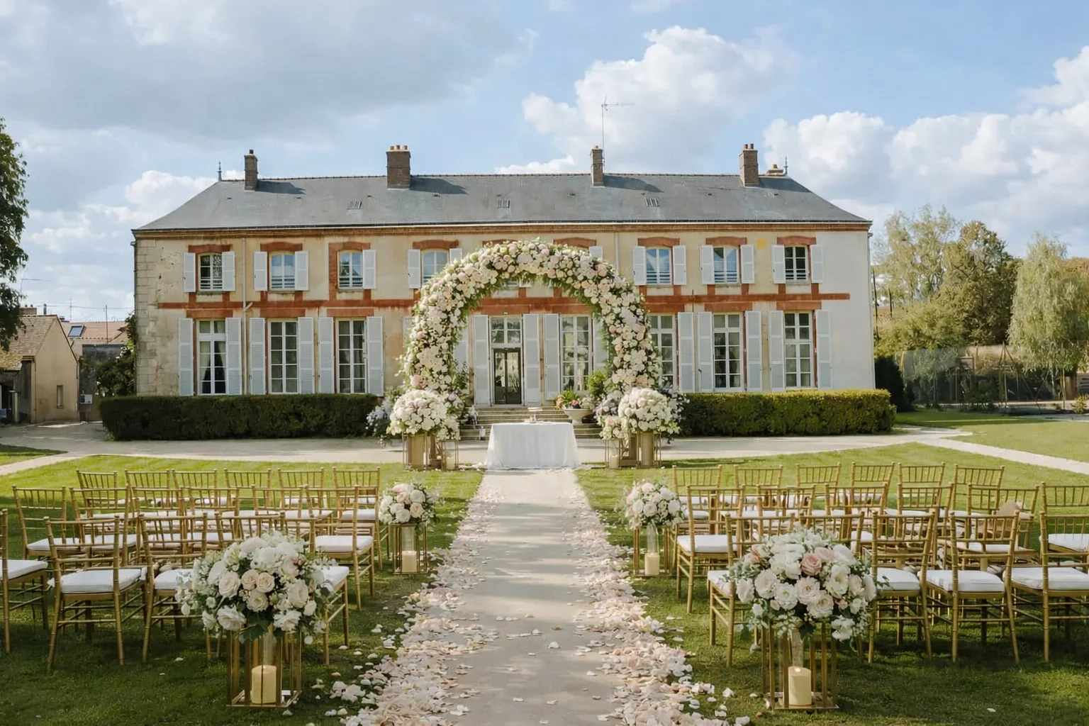 Cérémonie laïque en façade du Domaine de l'Ardoise - mariage célébré dans le jardin devant le manoir de 1710